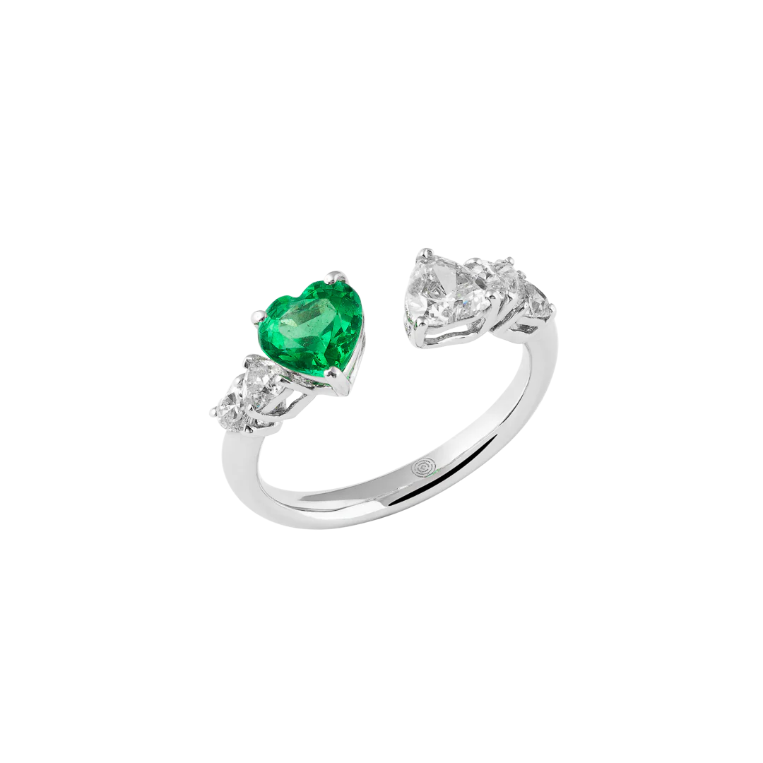 Anello Diva in oro bianco con diamanti e smeraldo taglio cuore