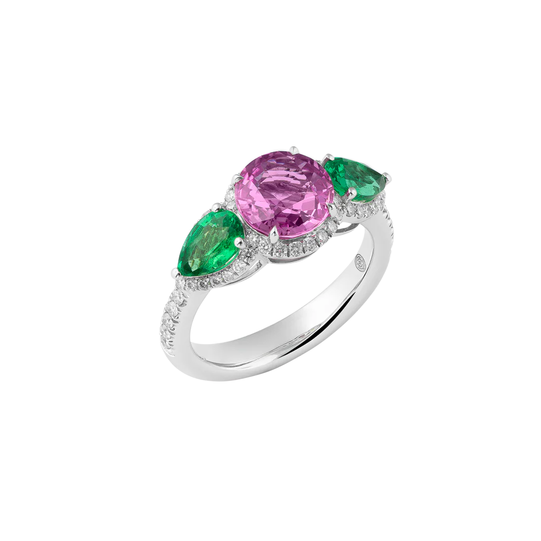 Anello Diva in oro bianco con diamanti, smeraldi e zaffiro rosa