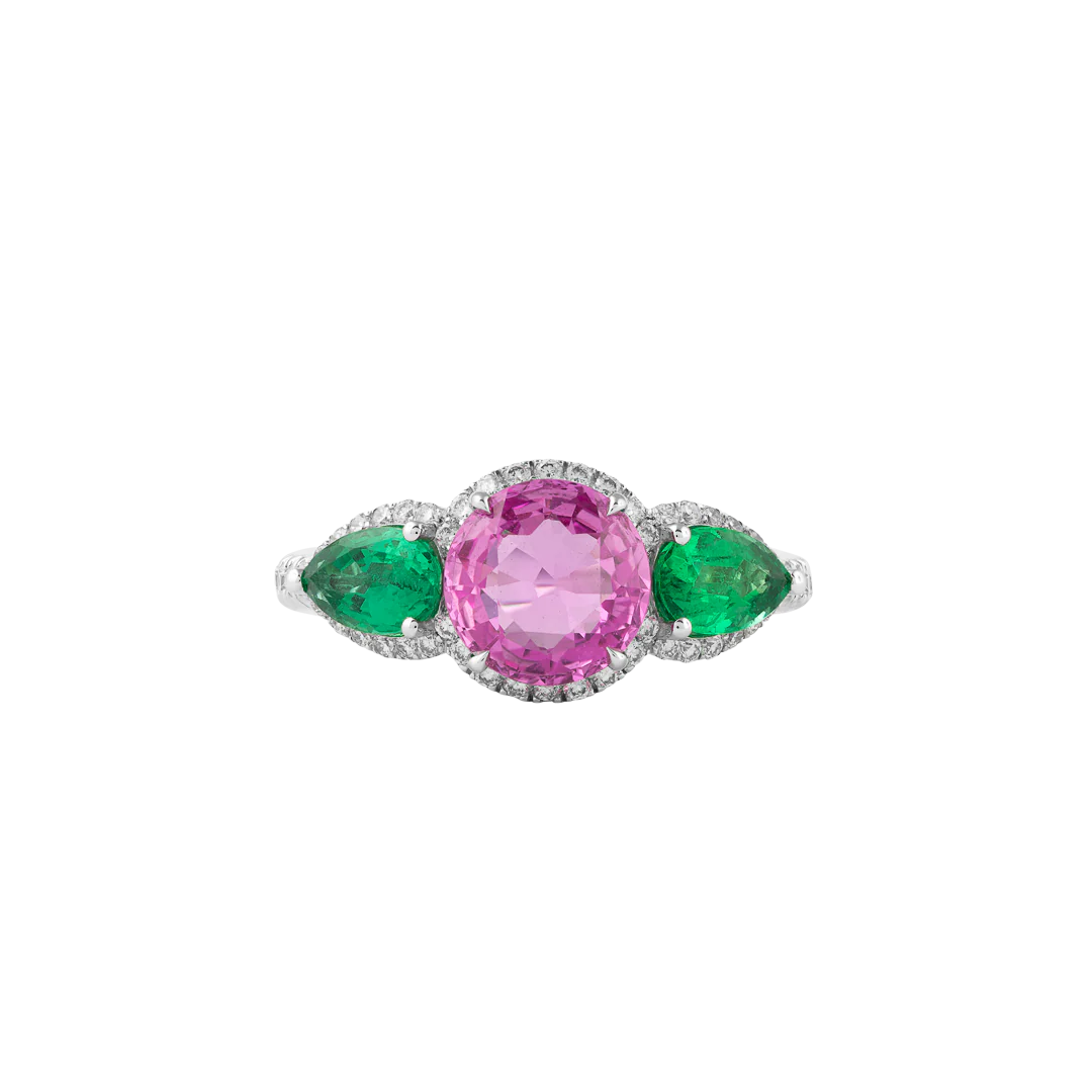 Anello Diva in oro bianco con diamanti, smeraldi e zaffiro rosa - Image 2